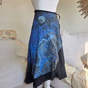 Vintage Crystal Tara Alex Gray Fairy Goth Black Midi Wrap Skirt Blue Moon Print